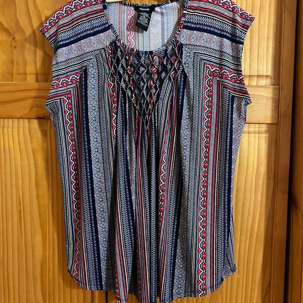 Premise Navy, Red and White Striped Geometric Tie-Front Camisole